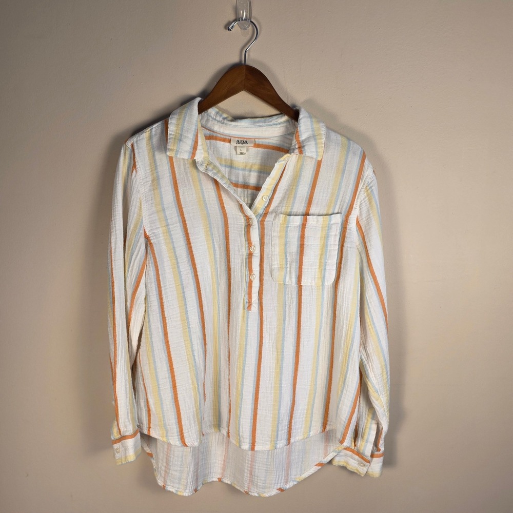 a.n.a Striped Gauze Henley Top Womens Large White Orange Blue Long Sleeve Cotton